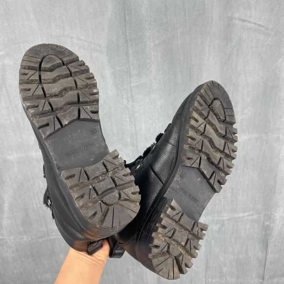 Nine West Vegan Boots Womens 8.5 Faux Fur Block Heel Black Lace Up - Picture 5 of 8